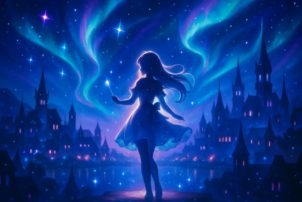 ファンタジー都市の夜景に溶け込む魔法少女の姿