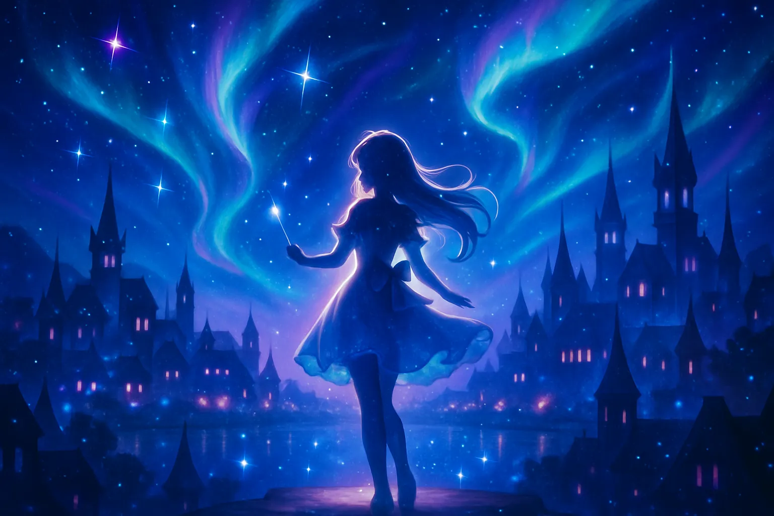 ファンタジー都市の夜景に溶け込む魔法少女の姿